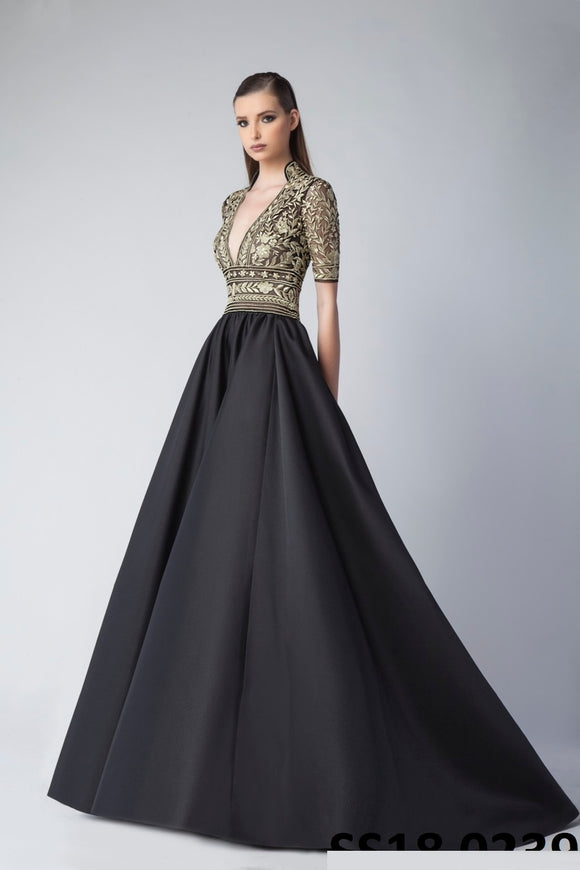 Black Short Sleeve Mikado Evening Gown