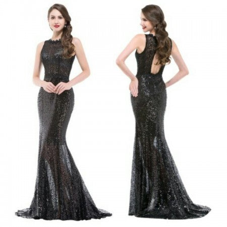 Elegant Mermaid Sequins Black See Through Top Long Evening Gown