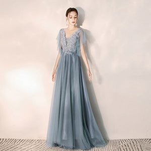 Elegant Sky Blue Evening Dresses 2019 A-Line / Princess V-Neck Beading Lace Flower Short Sleeve Backless