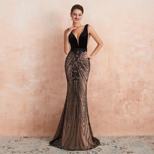 Sexy Black Champagne Evening Dresses 2020 Trumpet / Mermaid Deep V-Neck Sleeveless Sash Beading Sequins